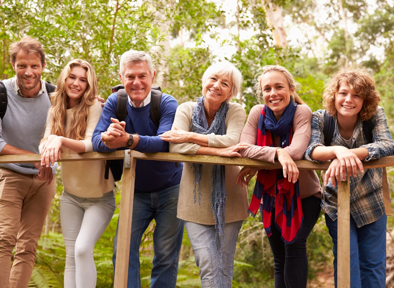Photo of a family leaning on a bridge outside